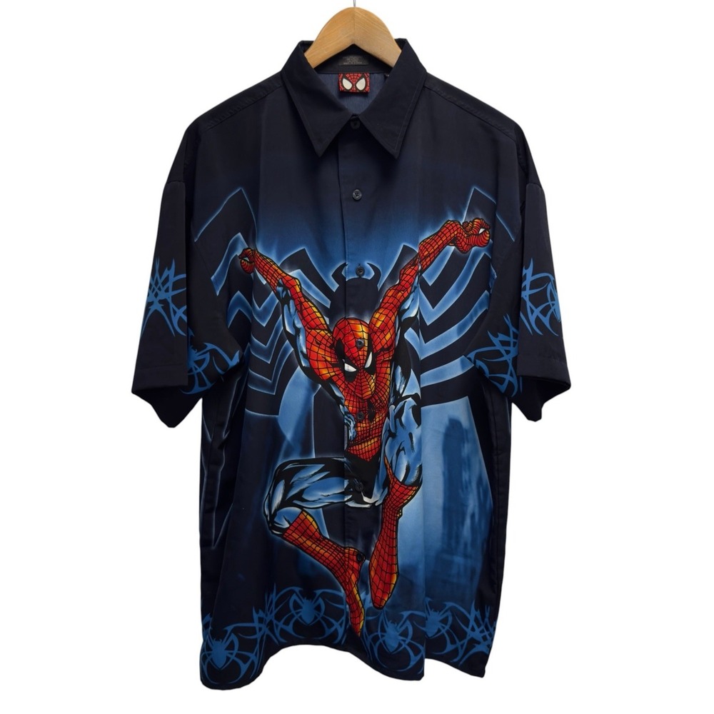 Spider 2001 Movie Promo Vtg Y2K Men's Large AOP Spiderman Button Front Shirt euc